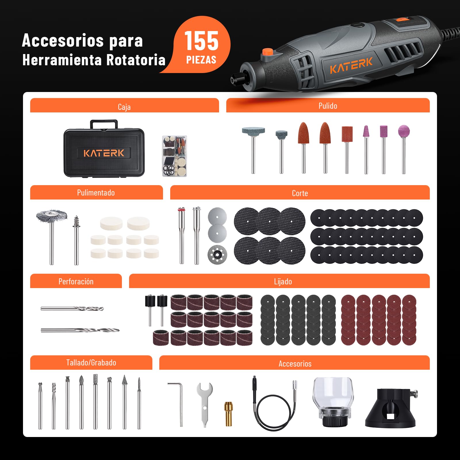 Katerk Herramientas de Amoladora 160W, Kit de Herramienta Rotativa de Velocidad Variable con Eje Flexible, 35000RPM,Mini Amoladora Eléctrica con 155 Accesorios para Grabar, Taladrar, Cortar, Esmerilar