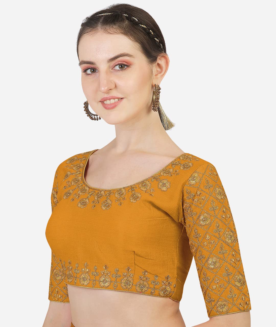 Pujia Mils Women's Silk Solid Half Sleeve Blouse (Madhubala Blouse_Yellow_40)