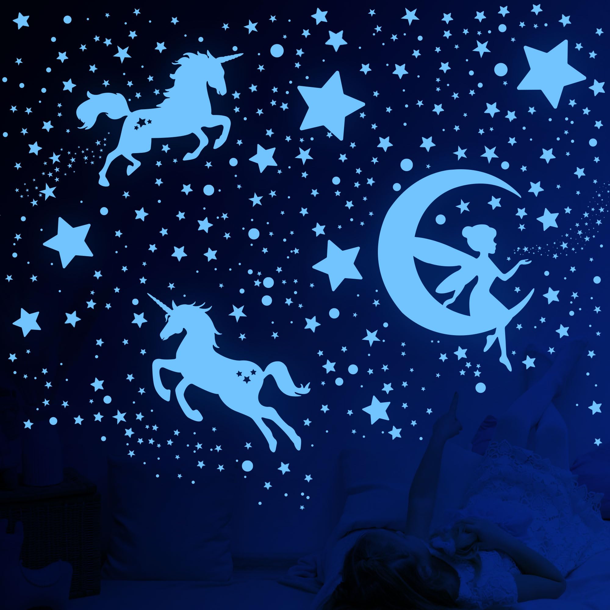 Adesivi Murali Fluorescenti Unicorno Stelle 585 Pezzi per Cameretta Bambine Soggiorno