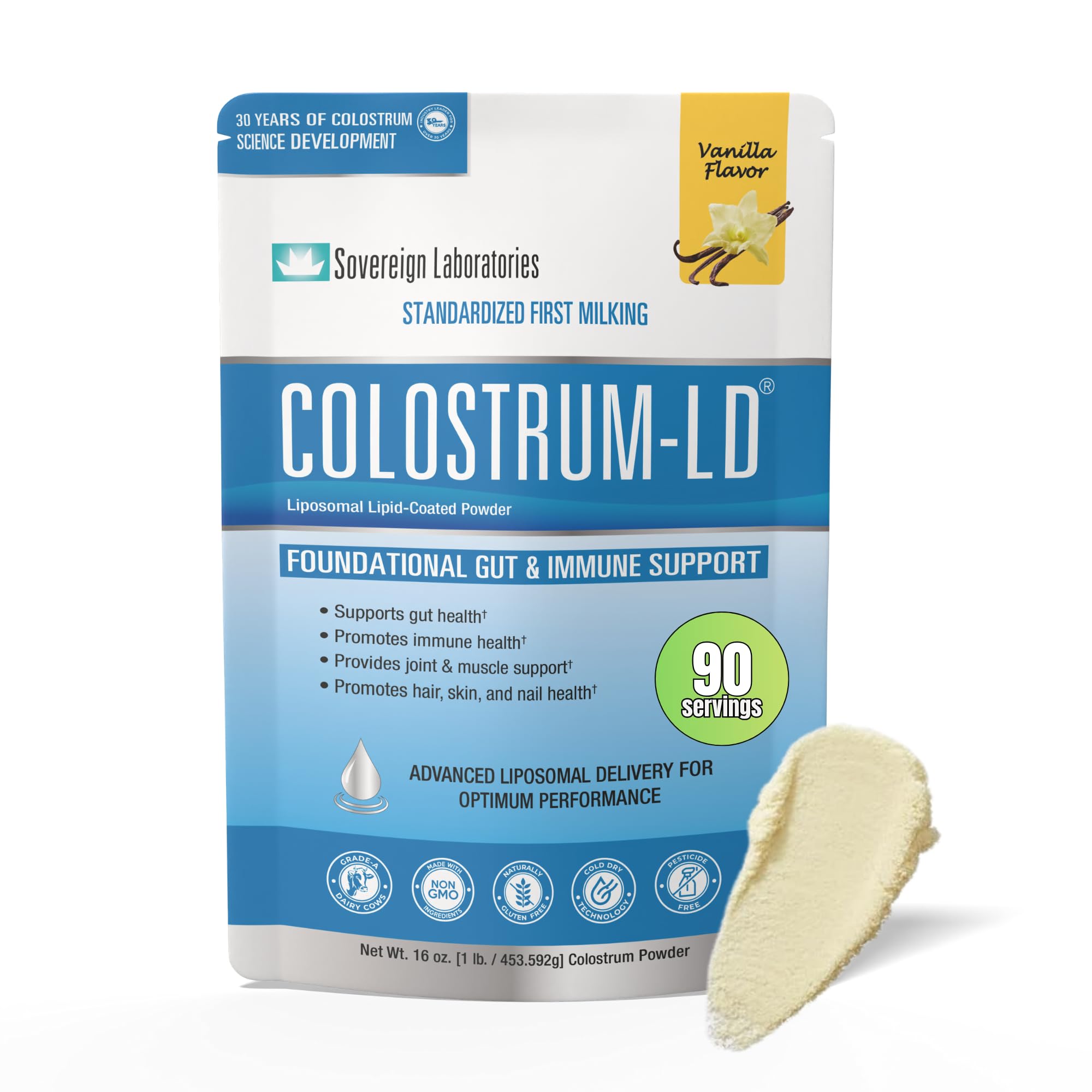 Sovereign Laboratories Advanced Absorption Liposomal Colostrum Powder - Halal Certified Proprietary Colostrum-LD Tech Provides up to 1500% More Bio-Availability Over Regular Colostrum - 454 Grams