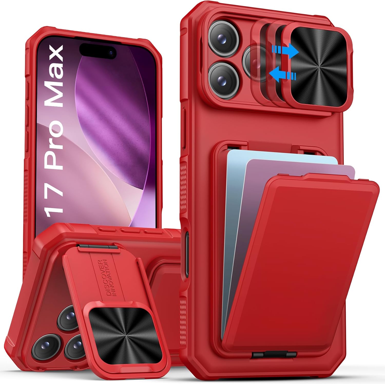 SSLOTSCASE for iPhone 17 Pro Max Case with Credit Card Holder & Stand & Slide Lens Cover & Kickstand, Multi-Functional Wallet Sturdy Protective Phone Case Cover for iPhone 17 Pro Max 6.9'' 2025, Red Red iPhone 17 Pro Max
