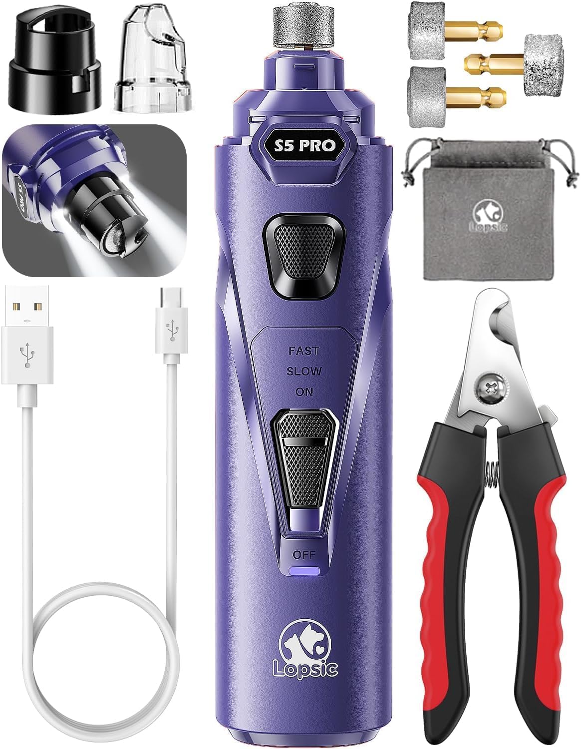 Dog Nail Grinder with 2 LED Lights Powerful 2 Speeds Super Quiet Dog Nail Trimmers with 3 Grinding Wheels Rechargeable Pet Dog Nail Clippers for Large Medium Puppy Dogs Nail File Cat Nail Clipper Blue ???Whisper Quiet-Blue???