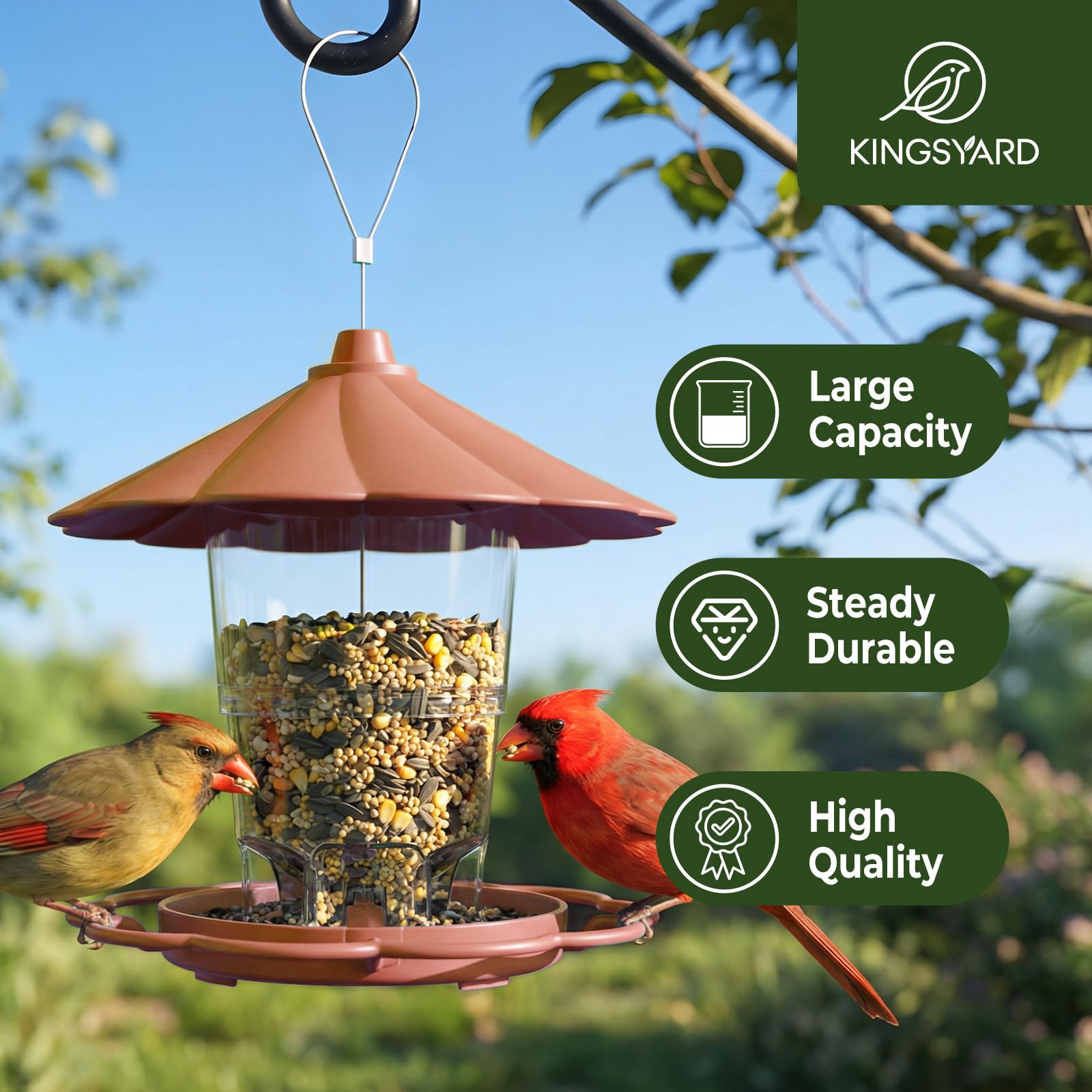 Kingsyard Bird Feeder for Outside Outdoors Hanging, Adjustable Hopper Feeders with Wide Seed Tray and Rainproof Roof, Wild Birds Feeder for Garden Backyard Decoration, 1 pack, Brown - 2