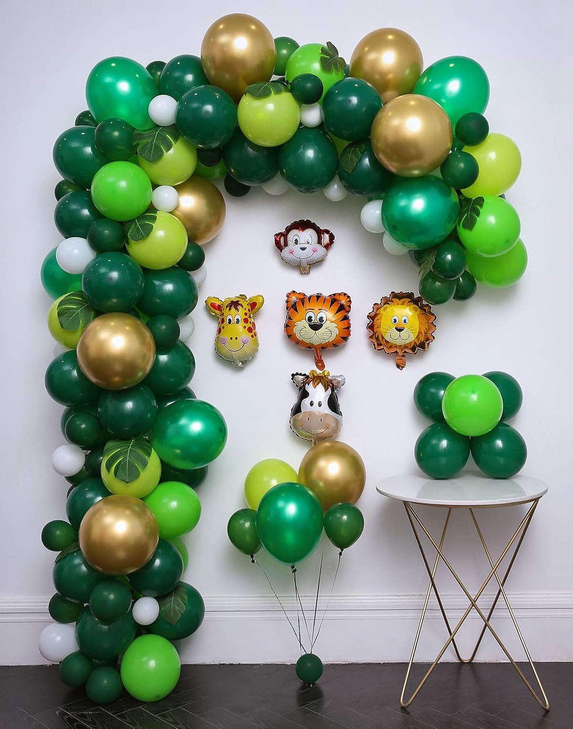 Jungle Safari Theme Party Supplies 124Pcs,Green Palm Leaves 10Pcs,latex balloons 102pcs,Animal foil balloons 5Pcs,Tying tools,Decorating Strip,Flower Clips,Ribbon,Birthday Shower
