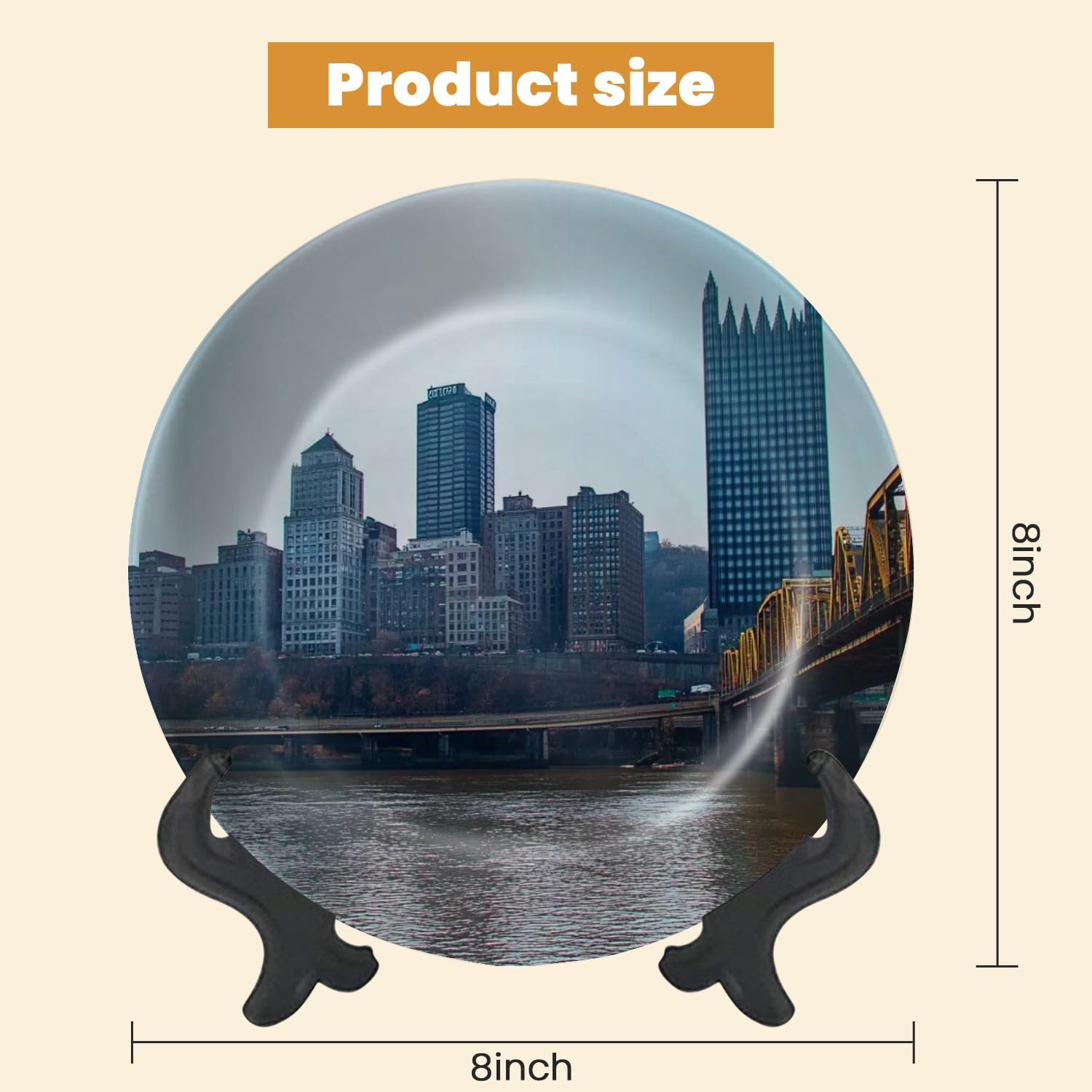 Decorative Plates for Display Skyline Downtown Pittsburgh Pennsylvania Gift Plates Ceramic Collections Plates Hanging Artwork for Living Dining Room Kitchen Souvenir