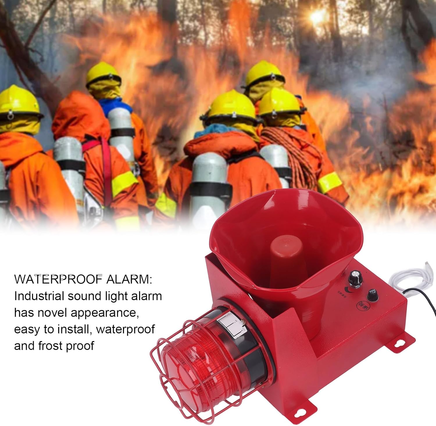 Walfront Industrial Siren Alarm, side view, showing the control knobs for volume and tone adjustment, and a USB port.