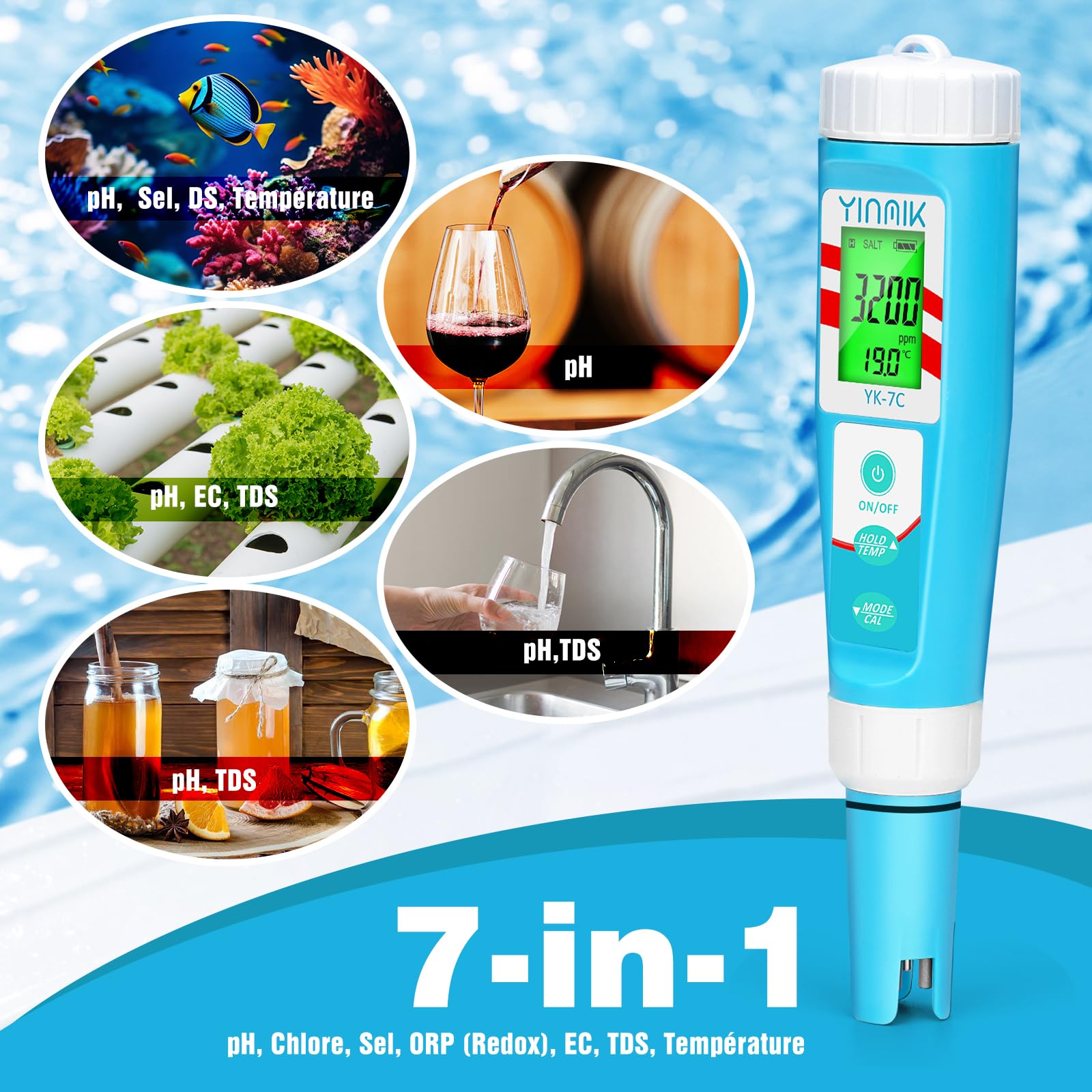 YINMIK pH et Sel Chlore Piscine Testeur,Testeur de Chlore, pH Mètre Numérique de Chlore Sel Testeur Testeur, pH Chlore TDS EC ORP Température, Chlore Sel Piscine pour, Sel Hot Tub Aquariums
