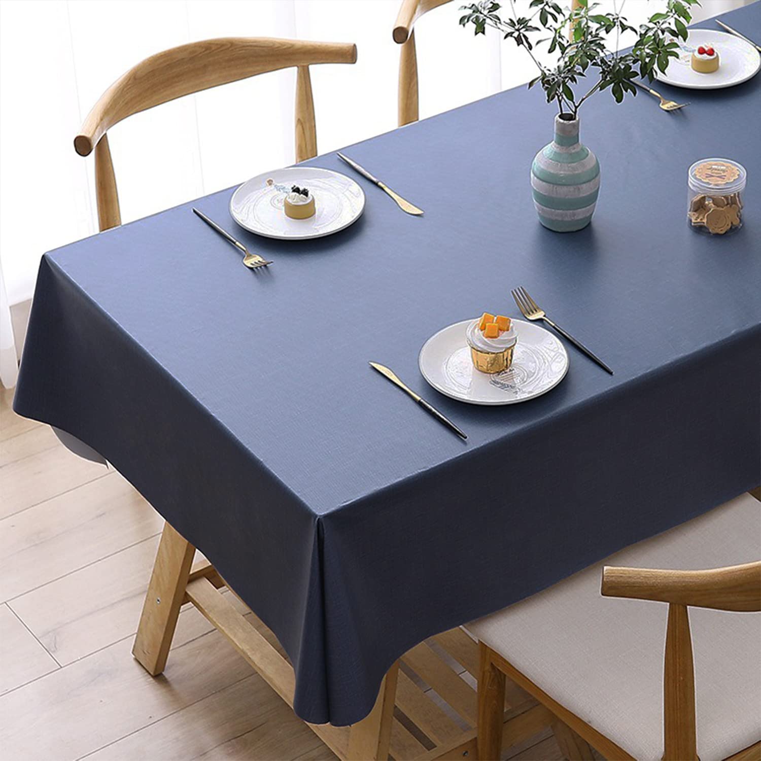 Newthinking PVC Table Cloth Wipe Clean Tablecloth Plastic Waterproof Table Protector, Rectangular Wipeable Tablecloths for Kitchen Picnic Outdoor Indoor - Blue, 70x54in/178x137cm