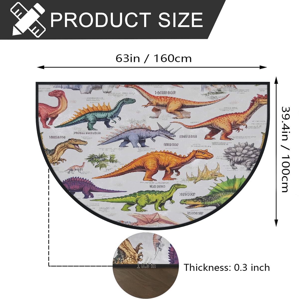 Mexpekil Paillasson demi-rond antidérapant lavable en demi-lune avec motif dinosaure - Attrape la saleté - Pour intérieur et extérieur - 100 x 160 cm