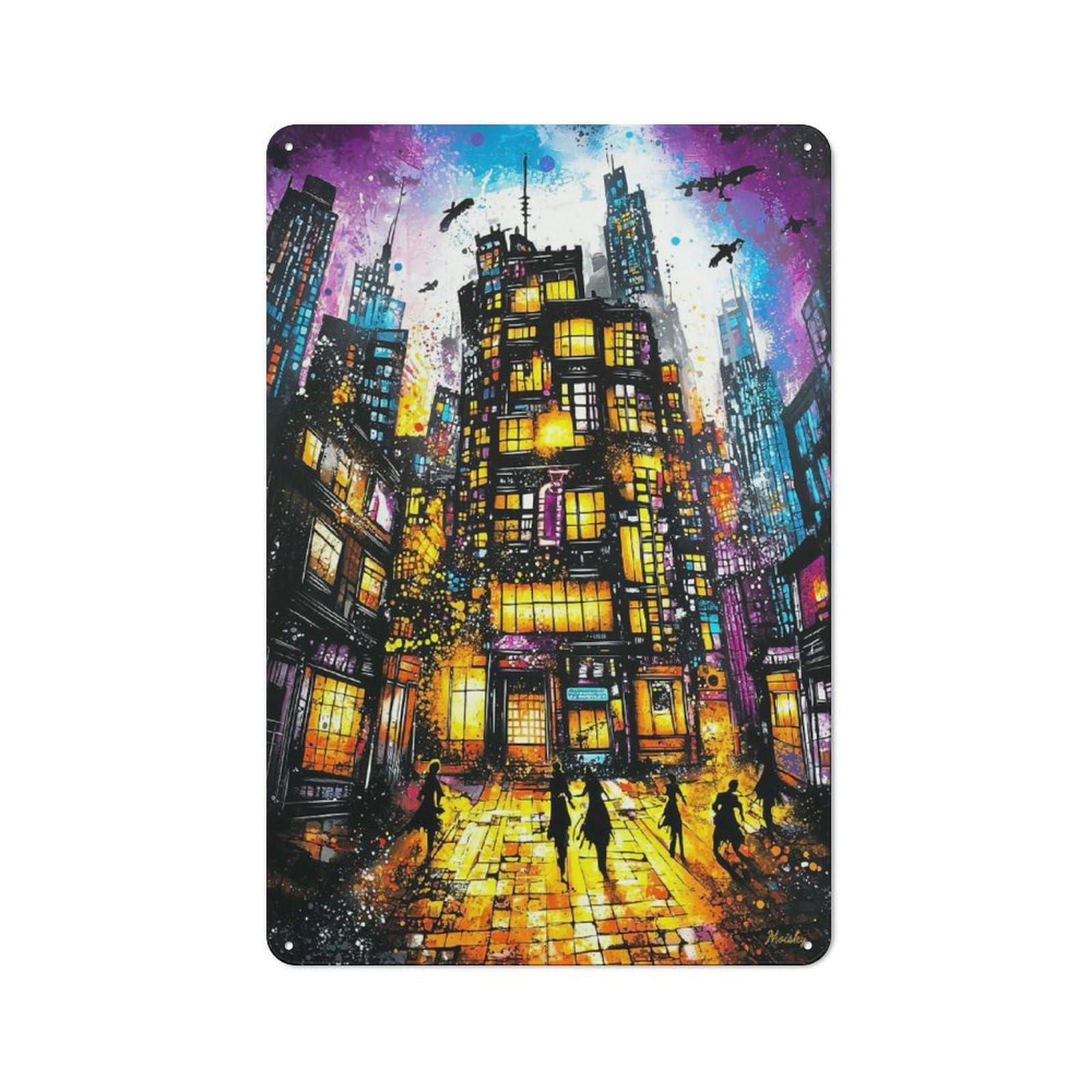 Junmoney Neon Metropolis – Surreal Urban Nightscape Loft Style Metal Wall Art Sign 30X20cm Featuring Urban Room Decor For Loft, Studio, Office Or Creative Room