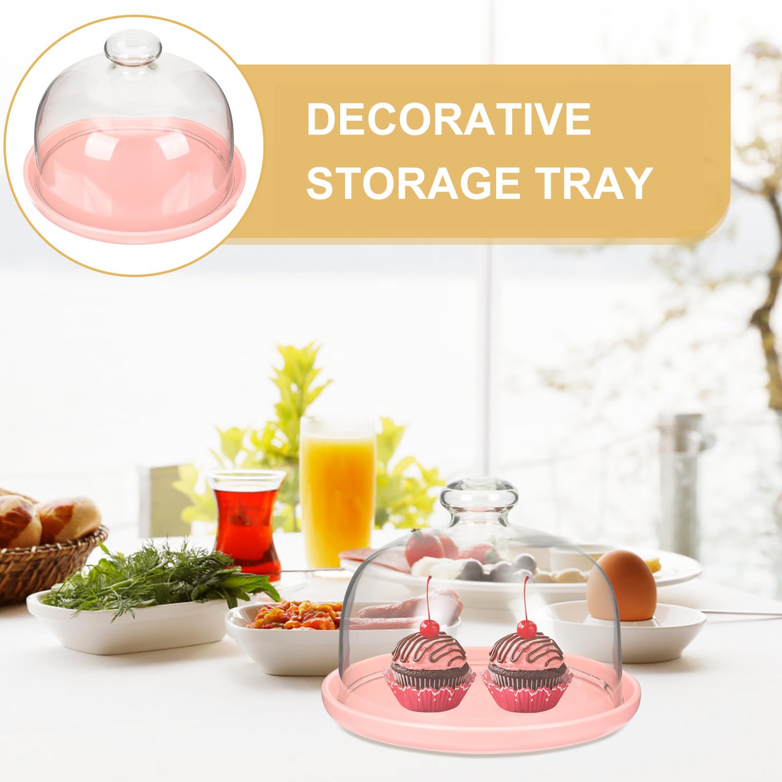 Kichvoe Assiette de Fruits en Céramique avec Cloche en Verre Rose, Plateau Délicat pour Servir et Protéger Lors de Fêtes et Mariages