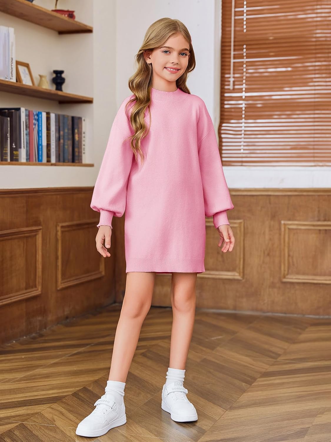 Haloumoning Girls Oversized Sweater Dress Kids Fall Long Lantern Sleeve Ribbed Knit Pullover Dresses - Image 2