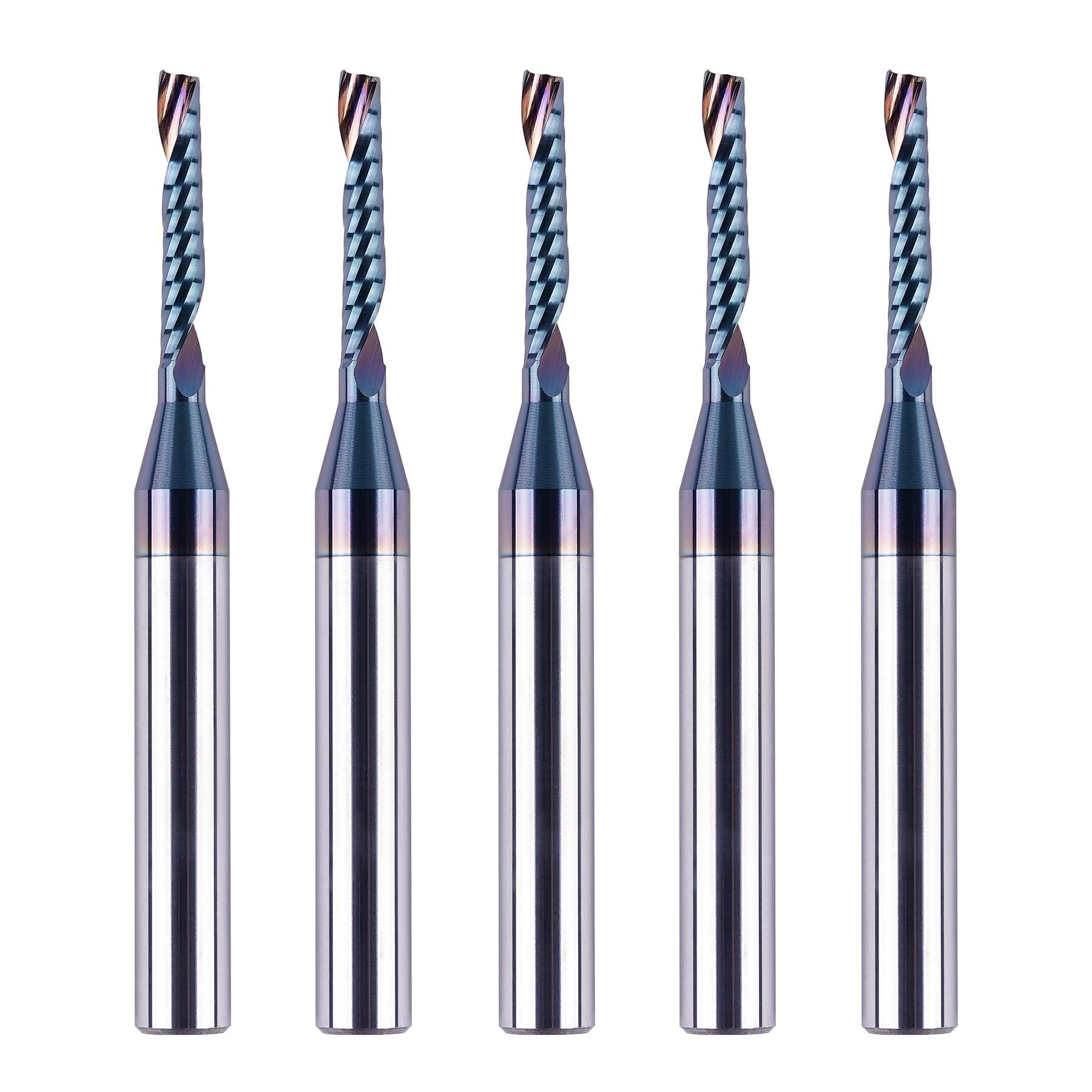 SpeTool 5PCS Carbide O Flute Spiral Router Bit 1/8 Inch Cutting Diameter 1/4 Inch Shank with TAC Coating, Single Flute CNC End Mill for Acrylic Non-Ferrous Metal CNC Milling Cutter