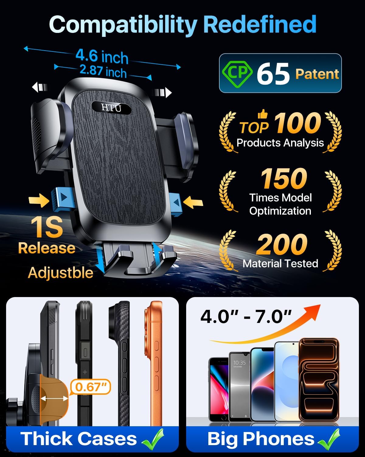 HTU Soporte universal manos libres para teléfono móvil para coche, parabrisas, rejillas de ventilación, soporte para iPhone, Samsung, todos los teléfonos y coches