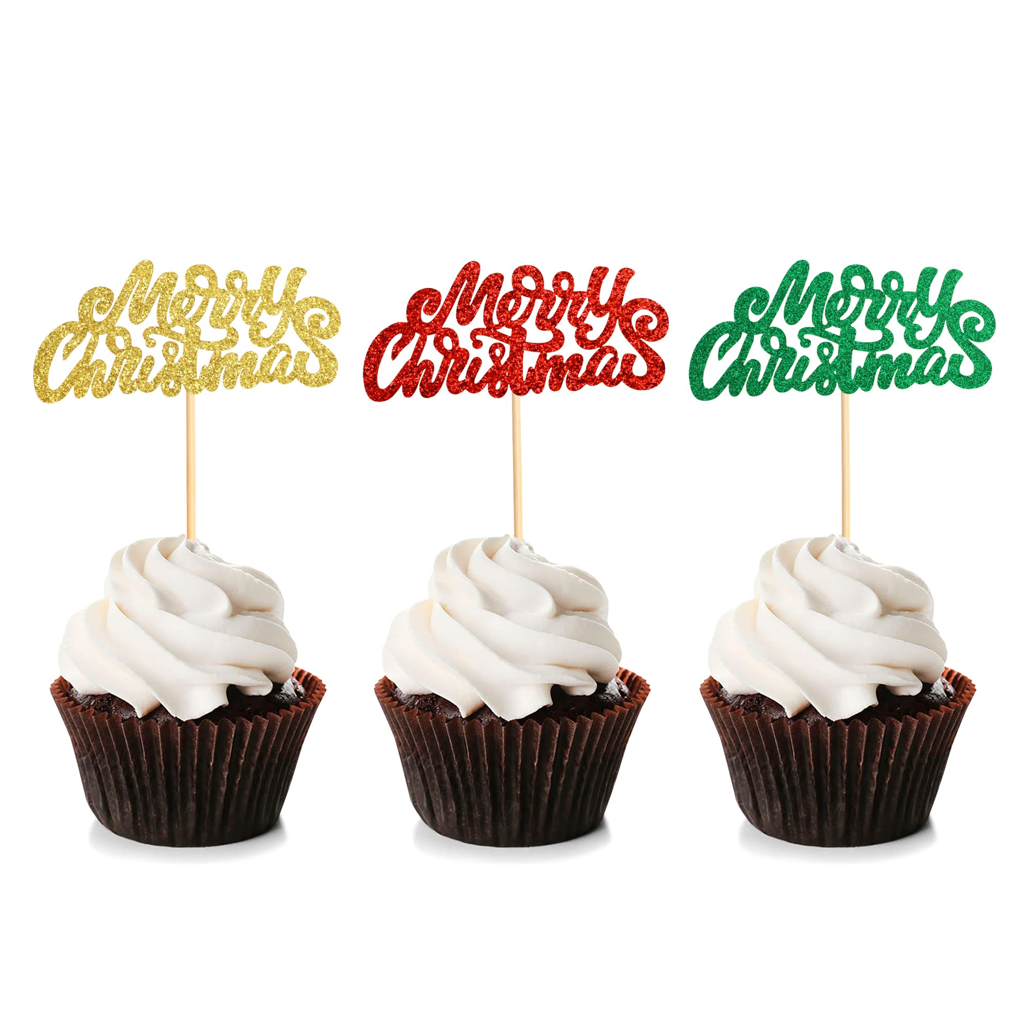 Blumomon 36Pcs Merry Christmas Cupcake Toppers Red Gold Green Glitter Xmas Cupcake Pick Decorations for Xmas Party New Year Ceremony Cake Cupcake Decor Party Supplies