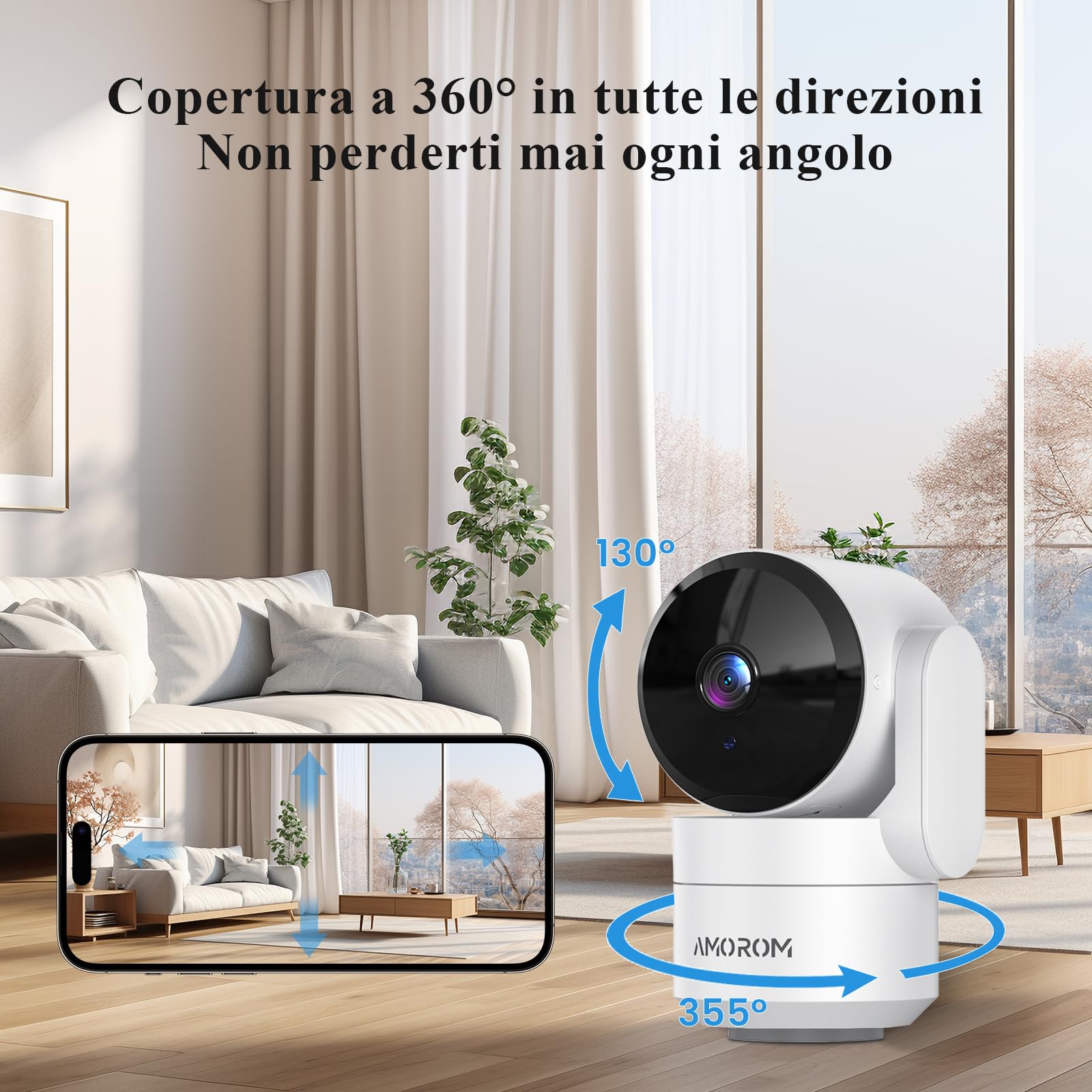 AMOROM Telecamera WiFi Interno con Rilevamento del Movimento Tramite IA, Pan/Tilt, Visione Notturna, Audio Bidirezionale, Compatibile con Alexa, 2.4Ghz Wifi, 4 Pack