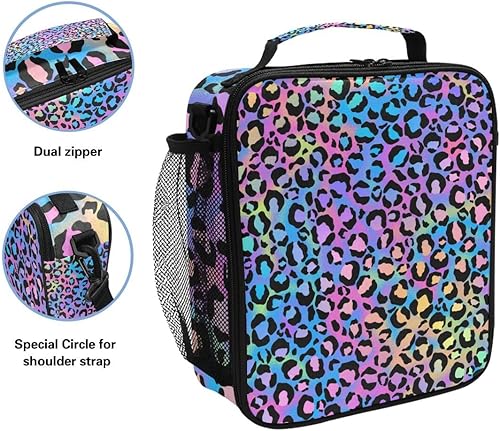 Miniatura 2 de MNSRUU Bolsas de almuerzo para niños y niñas, estudiantes, diseño de leopardo arcoíris, reutilizable, aislada, bolsa de almuerzo organizadora, kit