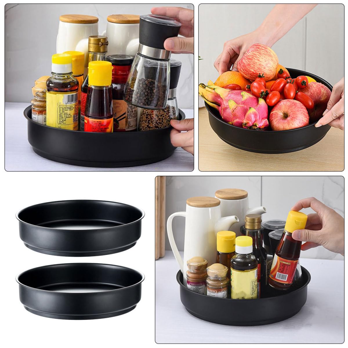 BESPORTBLE 2 Vassoi Porta Spezie Rotanti in Acciaio Inox Nero, Organizer Girevole da Tavolo per Condimenti e Accessori Cucina, Vassoio Portaoggetti Multifunzionale Salvaspazio per Uso