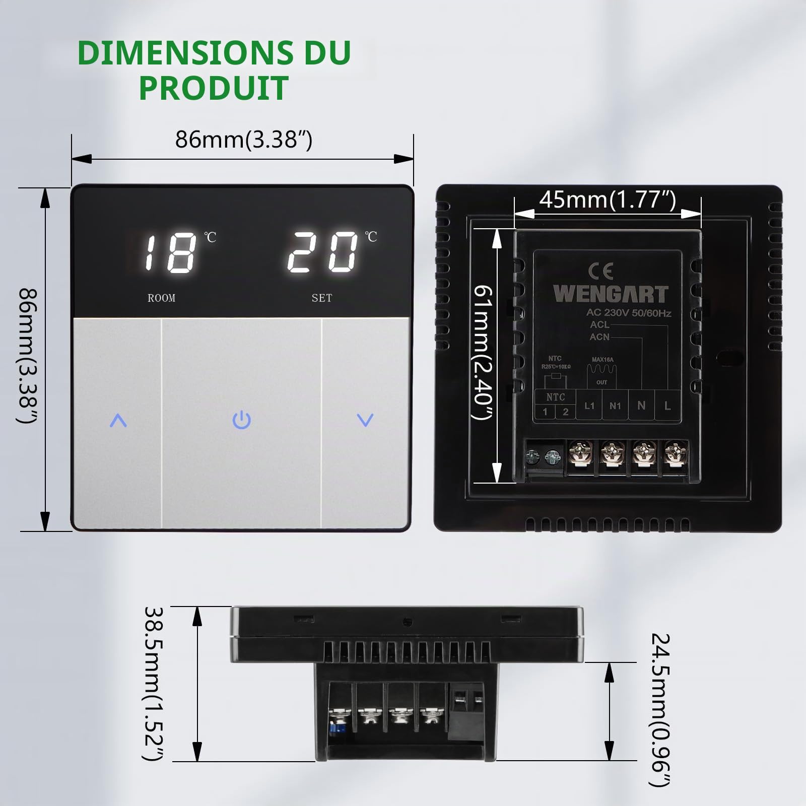Wengart Thermostat de Chauffage au Sol Électrique WG808-16A 230V - Utilisation Ultra-Simple sans Programmation - Écran LED Tactile - Sonde de Sol 3m Incluse