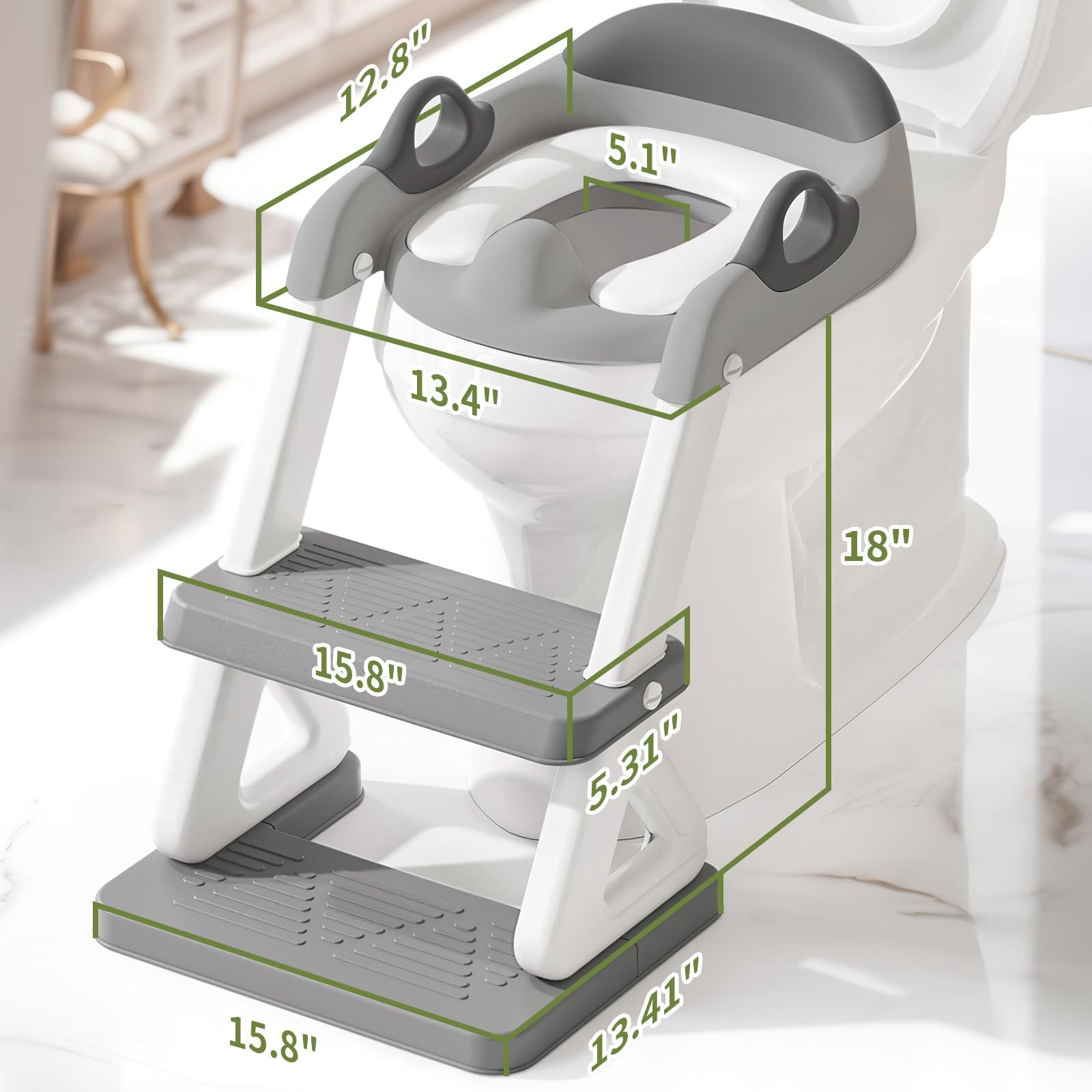 Asiento de inodoro de entrenamiento para ir al baño con escalera para niños y niñas, inodoro de entrenamiento 2 en 1, protector contra salpicaduras, taburete antideslizante (gris-blanco)