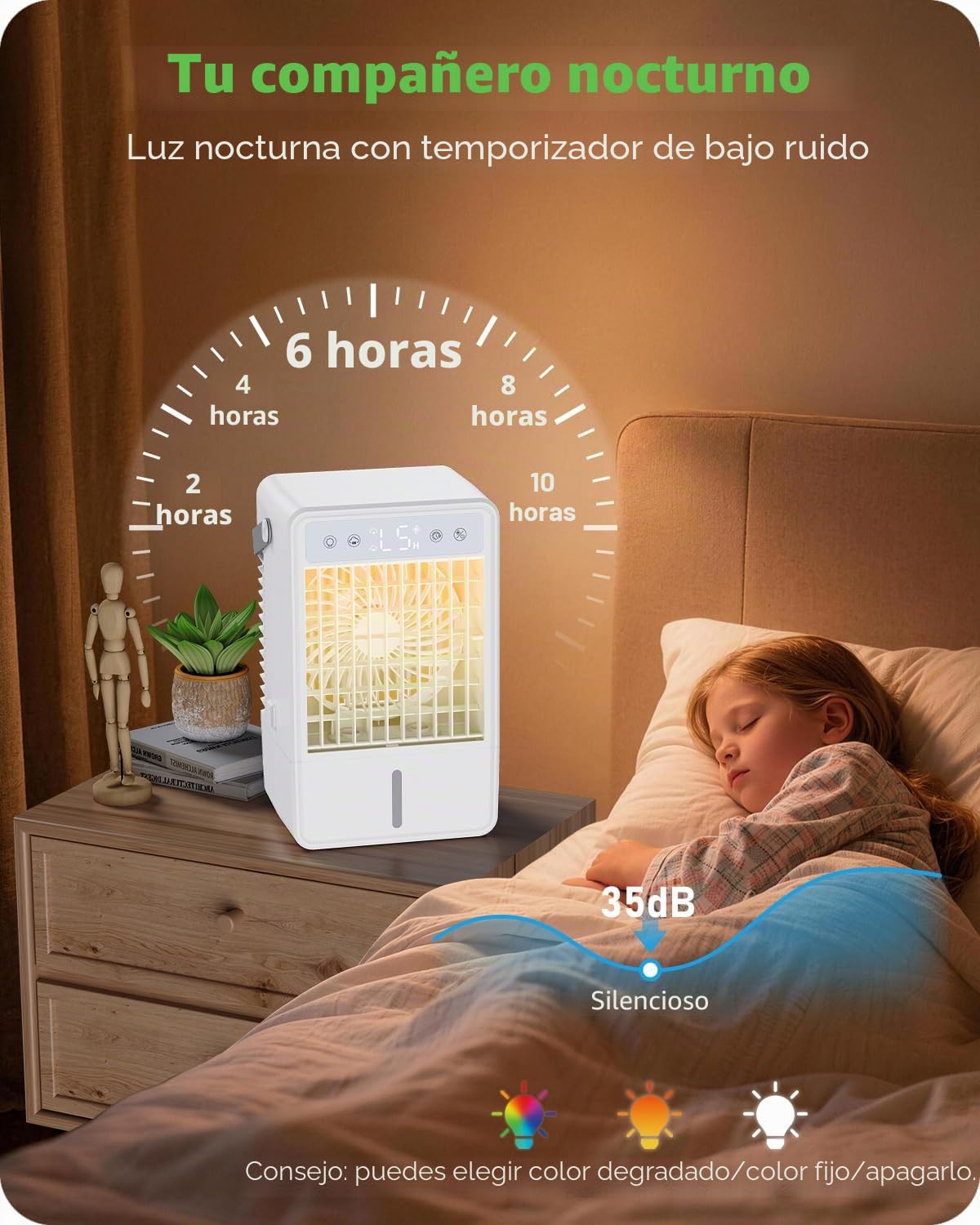 Mini Aire Acondicionado Portatil con 1.5L | Enfriador de Aire con 5 Velocidades + 3 Modos de Neblina | Temporizador 10H | Mando a Distancia y Luz RGB - para Dormitorios, Oficinas y Espacios Reducidos