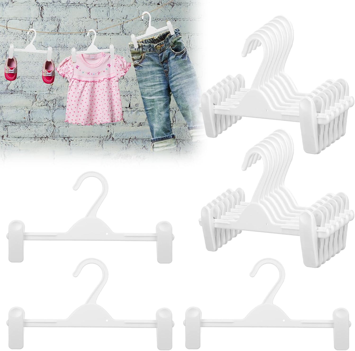 Weysat 20 Pack 11 Inch White Kids Pants Hangers with Clips, Adjustable Plastic Baby Toddler Clothes Hanger for Skirts, Socks Space Saving Nursery Closet Organizer