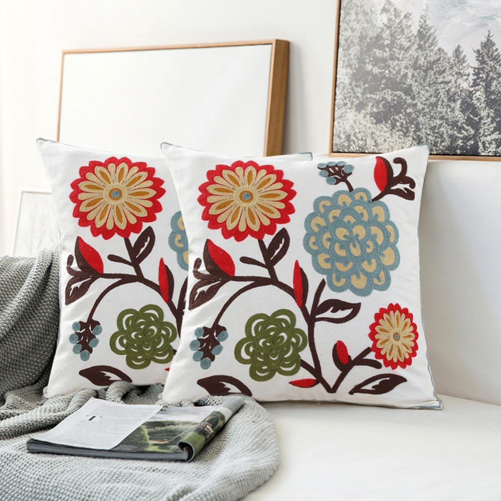 Traziewell Floral Cushion Covers 45Cm X 45Cm Cushion Cover Set of 2 Flower Pillow Case Decorative Pillowcases Cotton for Sofa Couch T421