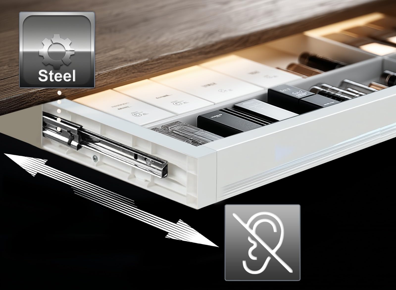 ER‑302 płaska szuflada pod stół 758 mm | wytrzymała z tworzywa sztucznego ze stalowymi prowadnicami do 10 kg | oszczędzający miejsce pracy organizer do biura i biura domowego