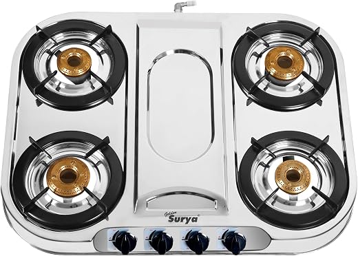 GOLDEN SURYA Premium Stainless Steel | 4 Brass Burner | ISI Certified | 1 Year Warranty | Manual Ignition | PNG 4 Burner Gas Stove – Magma