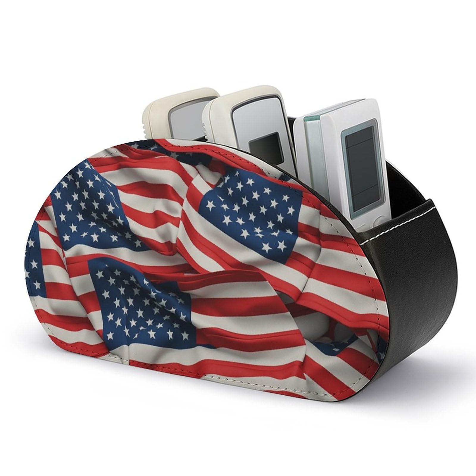 NTVOWPZO Usa Flag Remote Control Holder with 5 Compartment Organizer Box, Leather TV Remote Holder Organizer Caddy for Table, PU Leather Remote Box for Nightstand Office Desk Storage Box