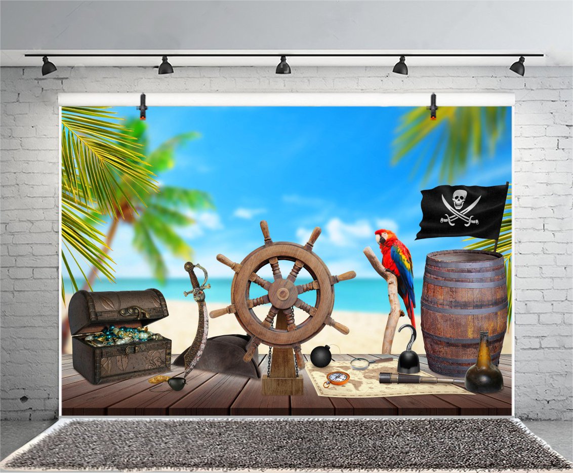YongFoto 3x2m Vinile Fondale Foto Tavolo in legno pirata Ruota della nave Mappa del tesoro Rum Bussola Coltello Palma Spiaggia Sfondo Fotografico Fotografia Sfondo Studio Prop Decorazione