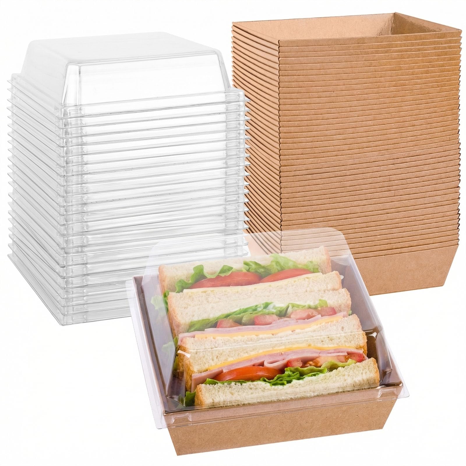 VGOODALL 48 scatole di carta per salumi, contenitori usa e getta con coperchio trasparente, scatole bianche da forno per torte, fette, pasticceria, panini, dessert da asporto