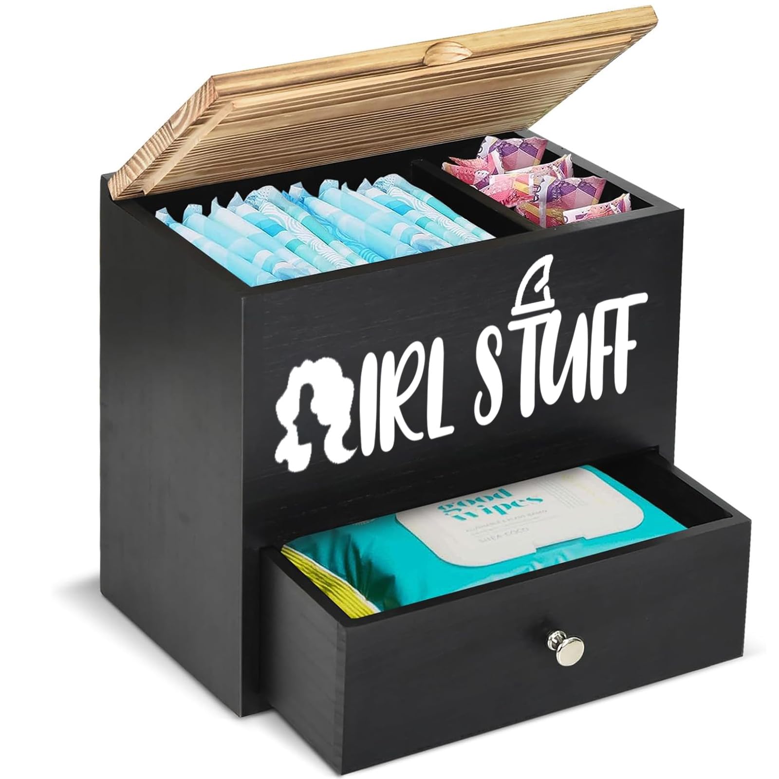 Scatola Porta Assorbenti,Porta Tamponi per Bagno con 2 Scomparti,Girls Stuff per Bagno Contenitori di Legno Portatile Scatola per Assorbenti con Coperchio,per Tamponi, Fodere (Nero)
