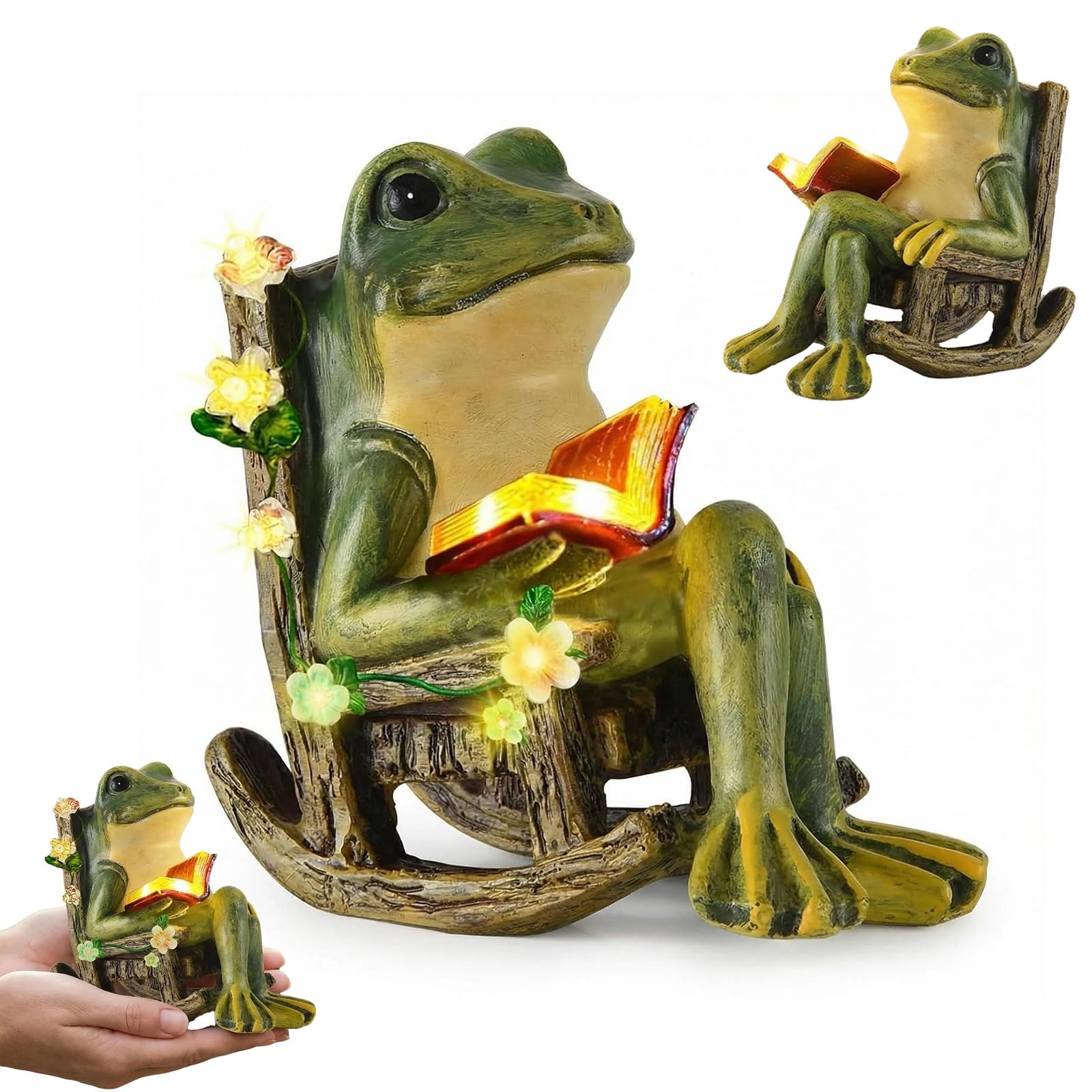 Puniama Solar Frog Garden Ornament Reading Book with Glowing Flowers, Garden Frog Statue Outdoor Solar Light, Decorative Garden Ornament for Patio Yard Lawn