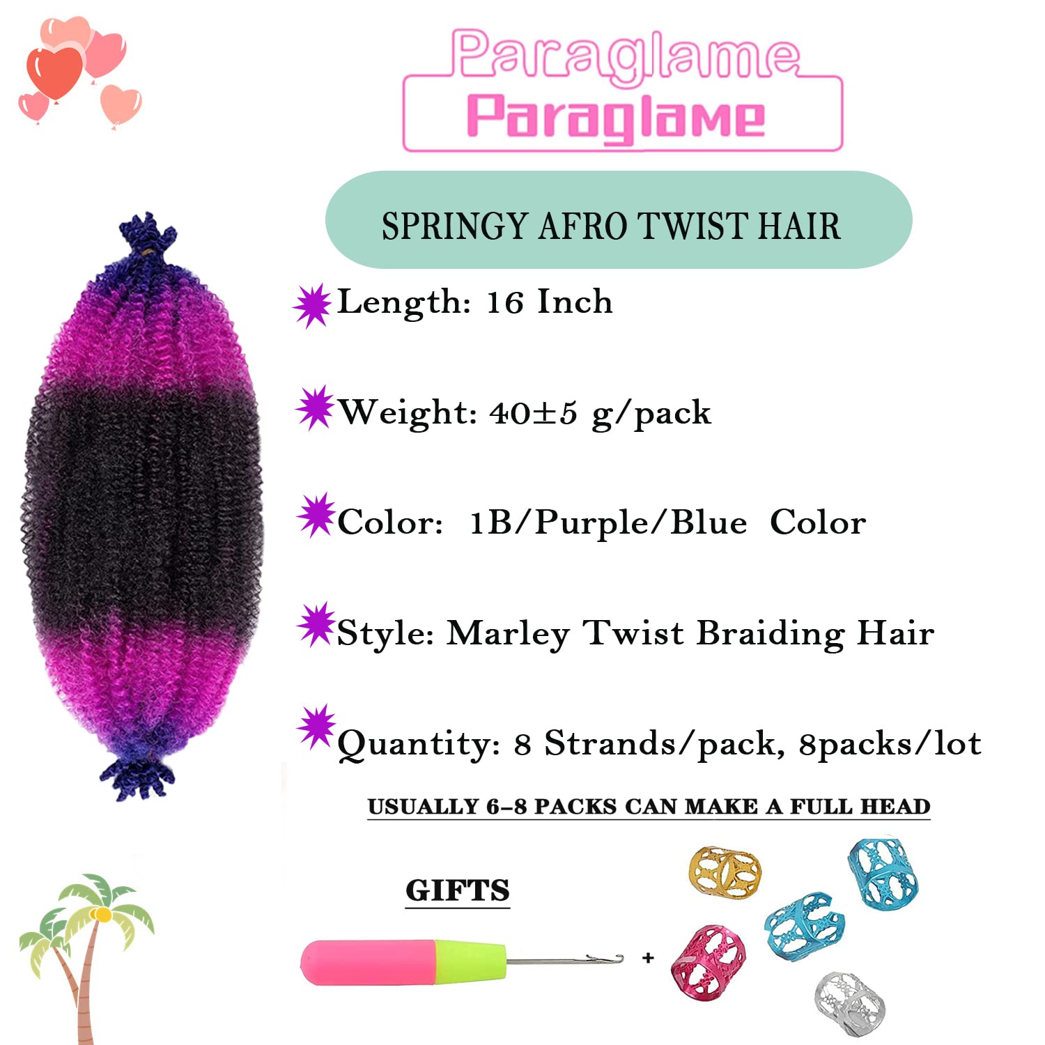 Snapklik.com : Springy Afro Twist Hair 3 Tones Blue/Purple Ombre 16 ...
