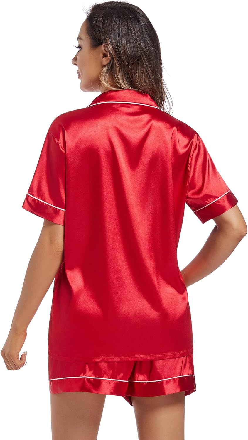 Fivali Women Silk Satin Pajamas Set: Soft Short Sleeve 2 piece Pjs Ladies Button-down Pj Sets Silky Women's Sleepwear - Image 5