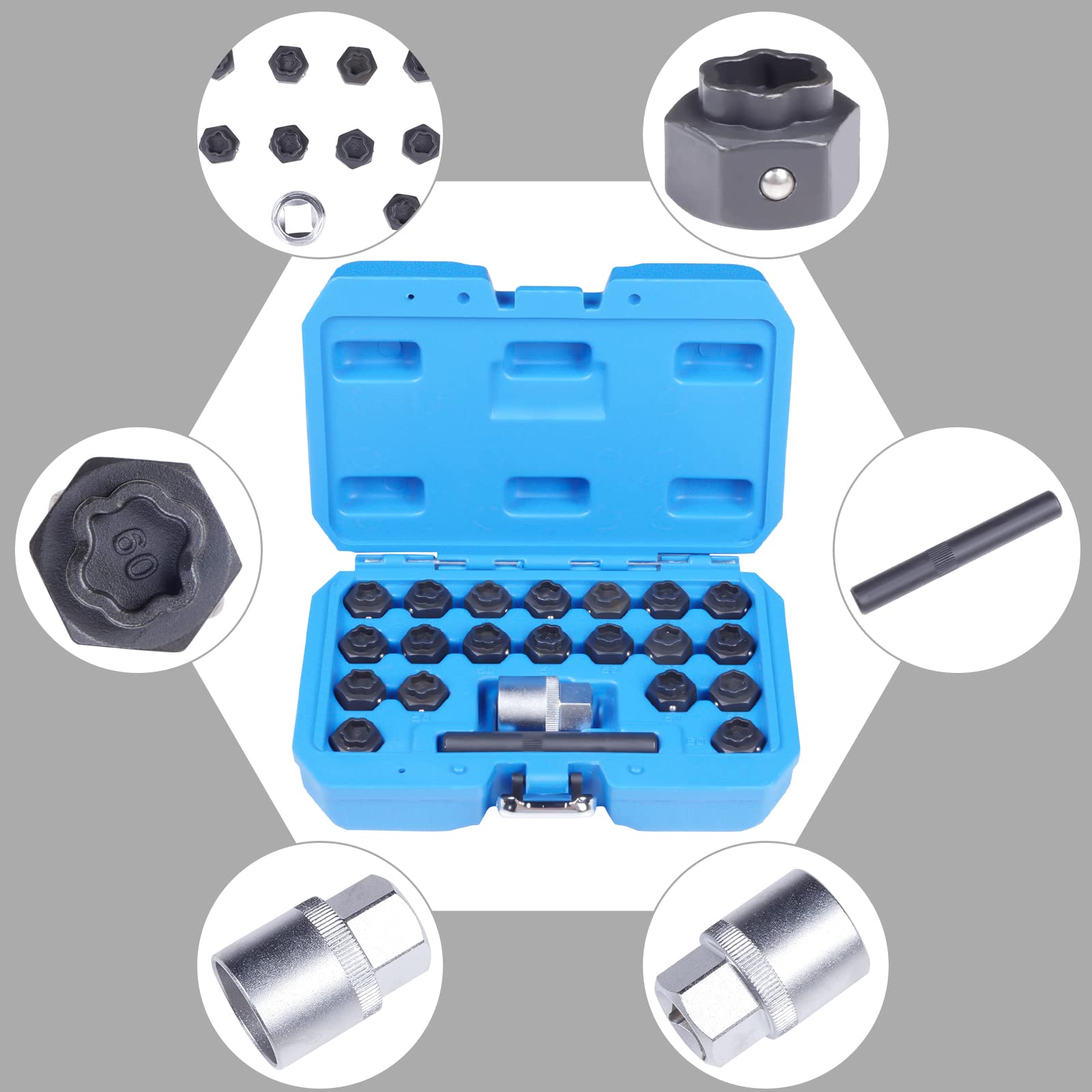 Set di 22 pezzi di bloccaggio per cerchioni, inserti per chiavi a bussola e accessori con 20 adattatori (#41 – 60), assortimento di serrature per cerchioni, inserto per carrello da officina per cambio