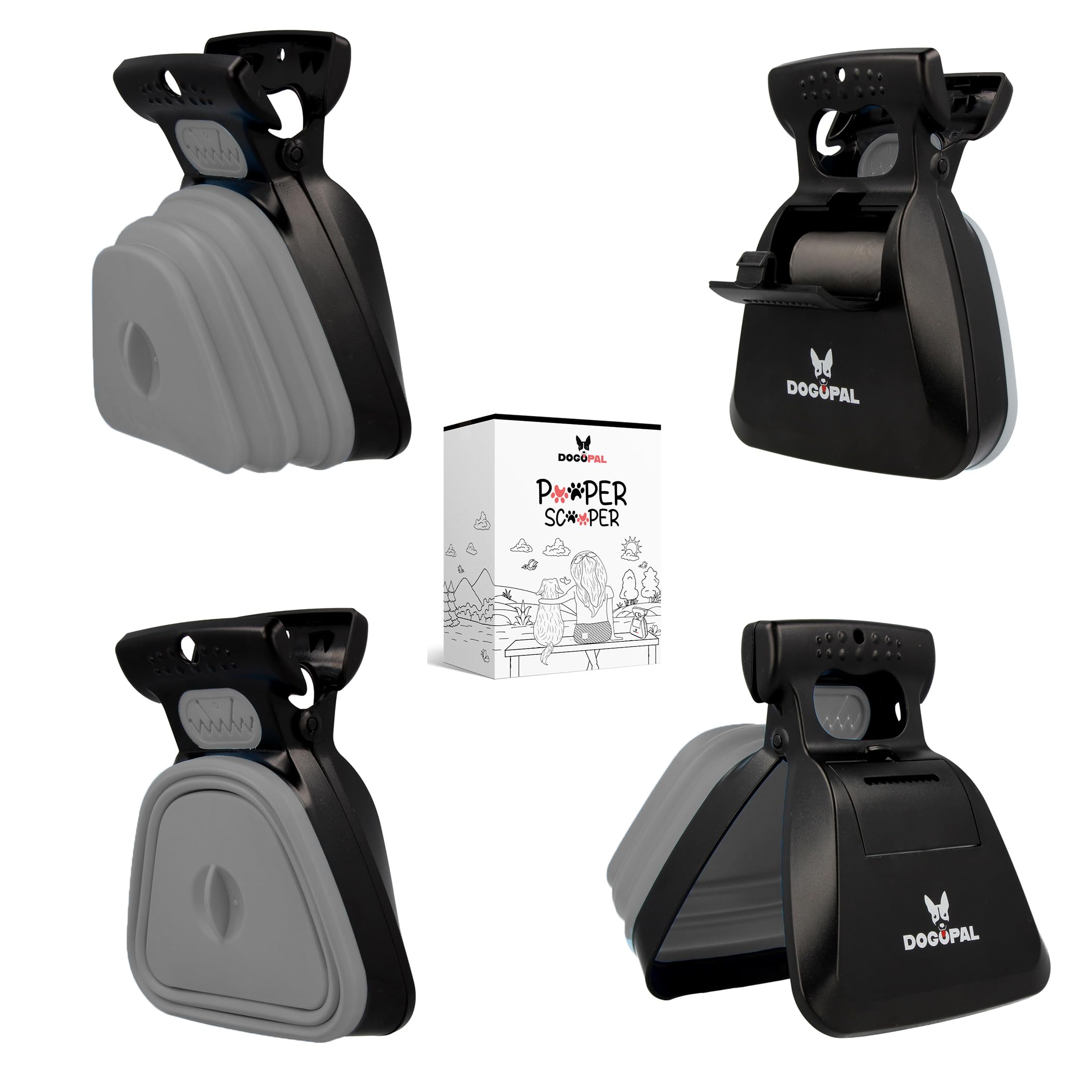 DOGOPAL Hundekotgreifer mit Beutel für Unterwegs - Tragbare Hundekotschaufel mit Erweiterbarem Fach für Hundekotbeutel - Hundekotzange Pooper Scooper - Kotschaufel Hunde Katze