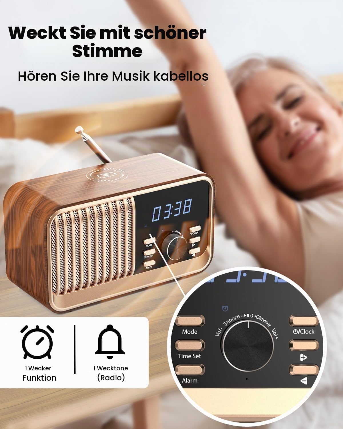 MONODEAL Radiowecker mit Ladefunktion, FM Radio mit Bluetooth Lautsprecher(8W), Schlummerfunktion, USB-Anschluss, TF-Kartensteckplatz, Dimmfunktion für das Schlafzimmer