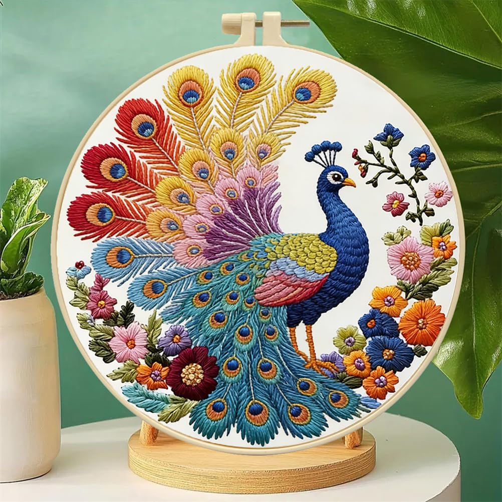 Meecaa Embroidery Kit Starter Set, Peacock Flower Animal Hand Embroidery Set, Pattern Printed Cross Stitch Set for Beginner Adults, with Embroidery Hoop and Instructions (Peacock)