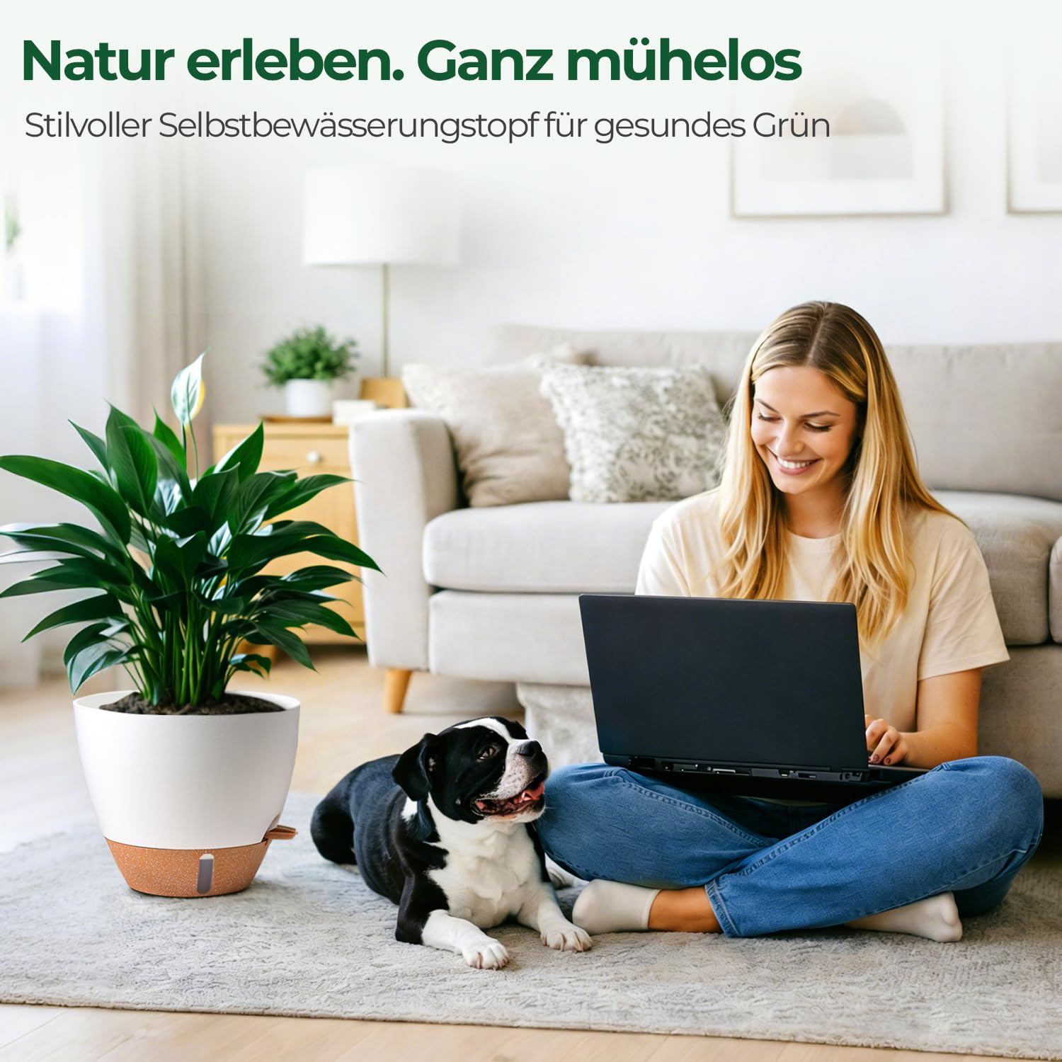 T4U 2er Set 25cm Selbstbewässernder Blumentopf mit Wasserstandsanzeige, ideal für Geigenfeige & Monstera, pflegeleicht, blumentopf Gross innen & pflanzkübel groß außen,（Weiß）