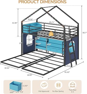 DICTAC Triple Bunk Bed for 3 Kids with 2 Storage Boxes, Built-in Bookshelf, Twin Over Twin House Triple Bunk Bed with LED String Lights, Heavy-Duty Metal 3 Bed Bunk Beds with Safety Guardrail & Ladder