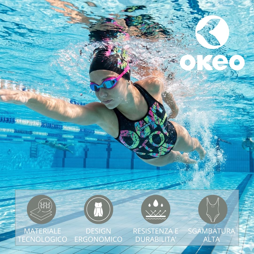 Okeo Costume Piscina Donna, Costume Nuoto Donna, Intero Glamour, Tessuto Tecnico X-Play, Completamente Foderato, Spalline Larghe, Fantasia Graffiti Multicolor