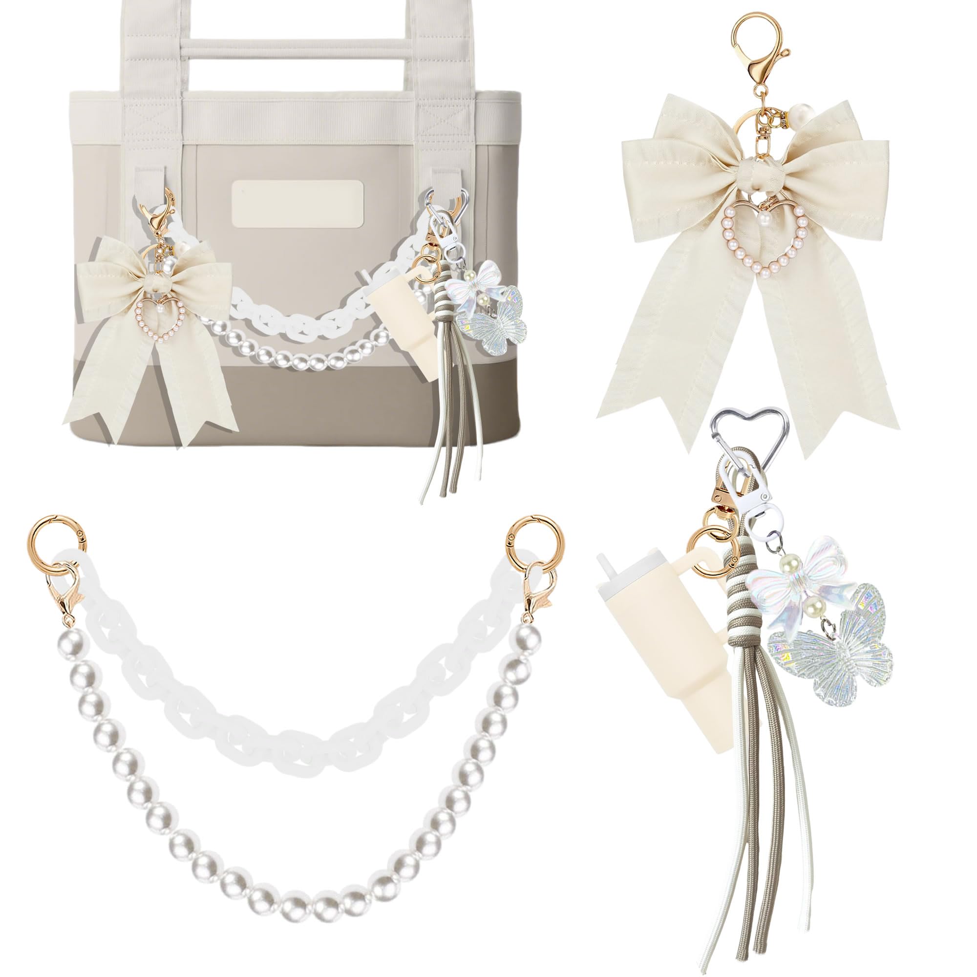 YPINGABS 7PCS Tote Bag Accessory Set for YETI Camino 20/35/50 & Bogg Bags, Pearl Bow Pendant, Acrylic Chain, Mini Tumbler Keychain, Butterfly Beaded