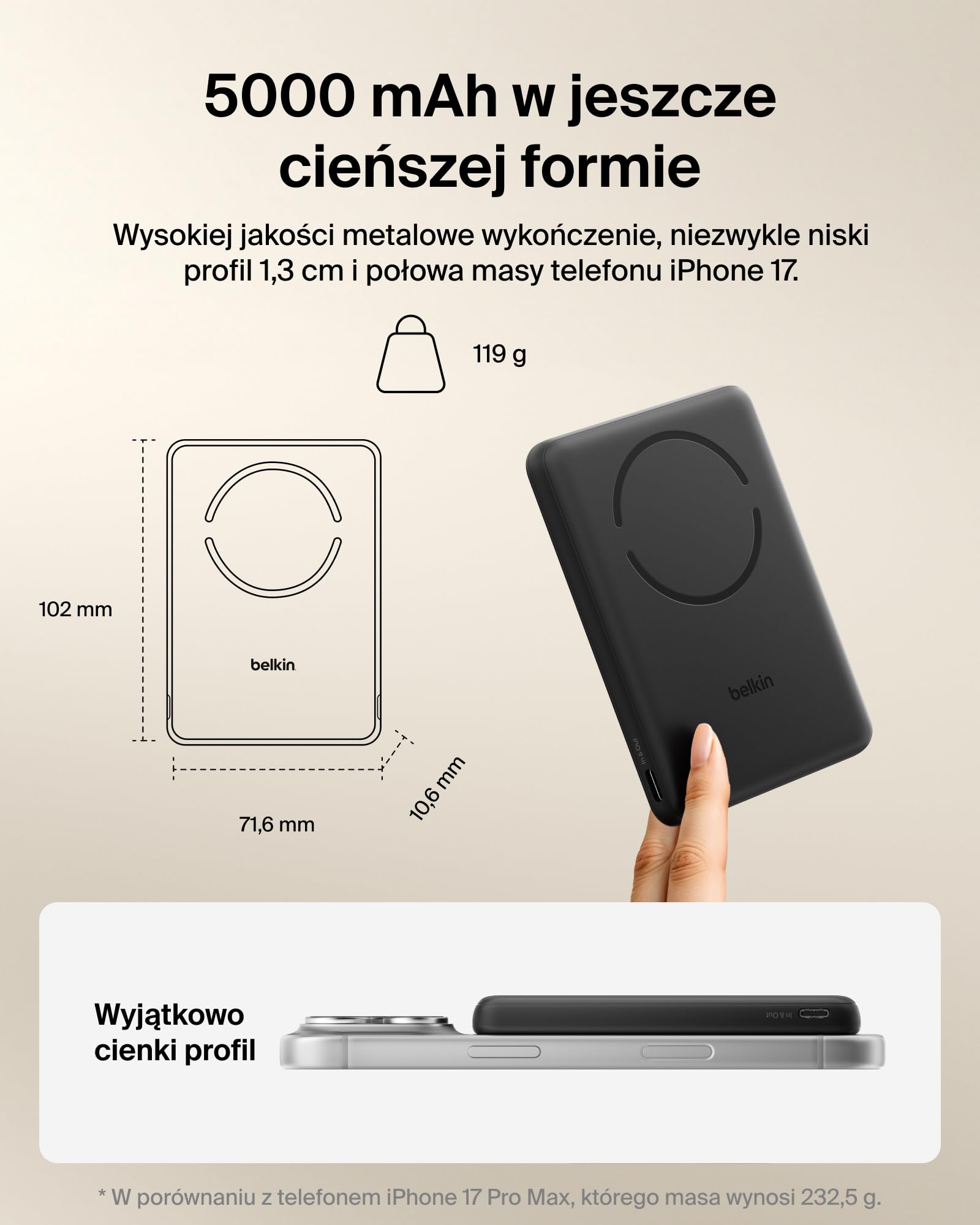 Belkin BoostCharge Magnetyczny Powerbank 5000mAh, Certyfikat Qi2, z Pierścieniem Magnetycznym i Portem USB-C, Smukła Ładowarka 15W do Urządzeń iPhone, Galaxy, Pixel – z Kablem USB-C – Czarny