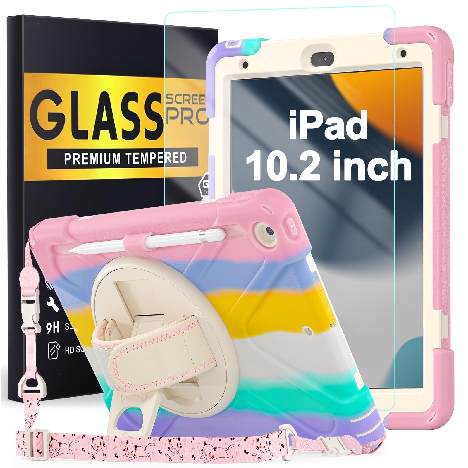 BLOSOMEET Case for iPad 9th/8th/7th Generation 2021/2020/2019 10.2 Inch with Tempered Glass Screen Protector & Pencil Holder,Protective Kids iPad 10.2 Case Cover w/Stand Hand Shoulder Strap,Black — Amazon image 15