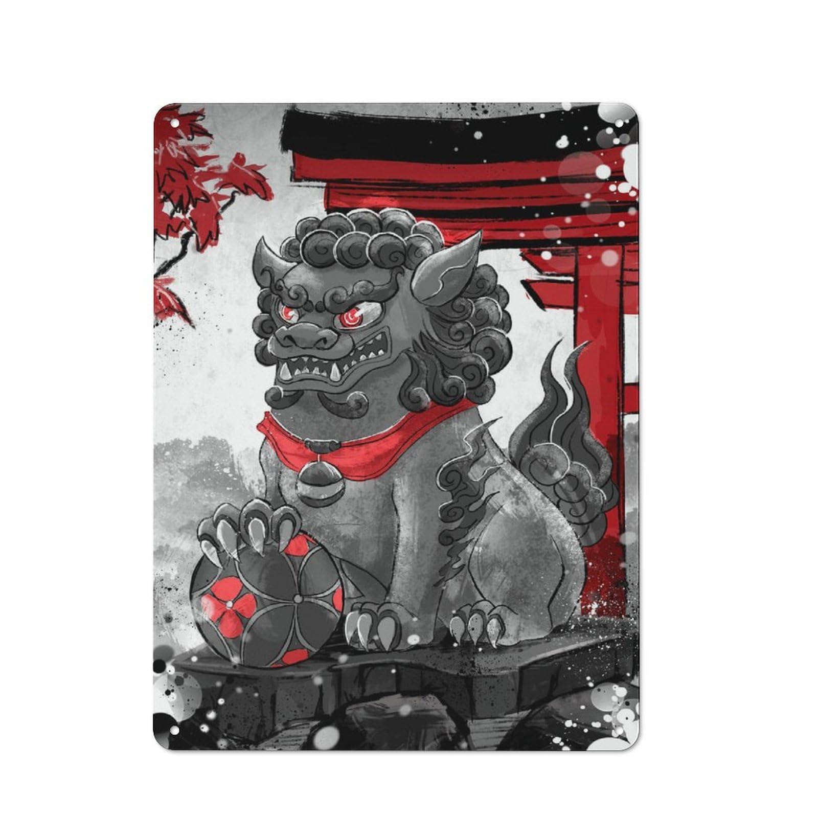 Junmoney Style-15 Tin Wall Plaque 40X30cm With Komainu Statue With Torii Gate For Guest Room Or Hallway, For Updating Guest Room And Hallway After Moving
