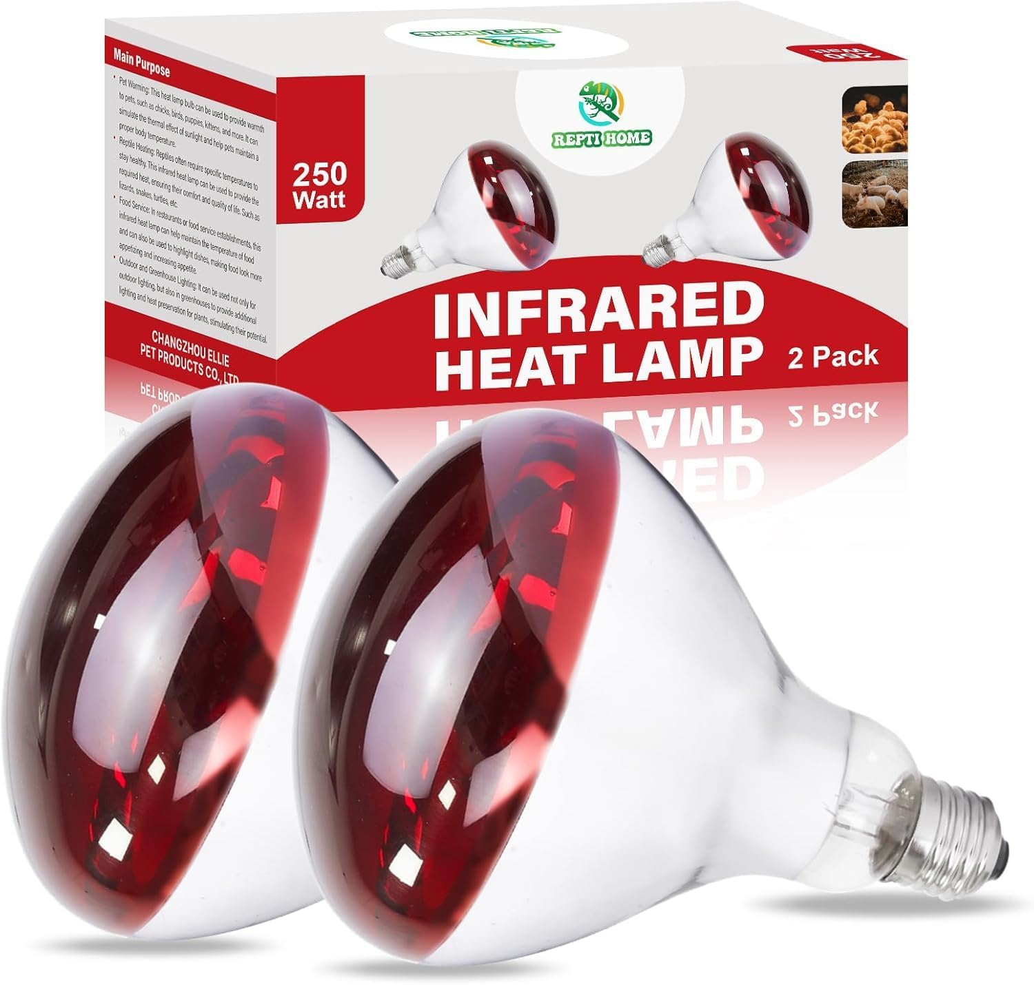 REPTI HOME 250W Infrarotlampe wärmelampe, R125 Rotlichtlampe Wärmelampe für Hühner 2 Stück, E27 Reptilien Terrarium Heizlampe für Hühnerfarmen, Säugetiere, Geflügel