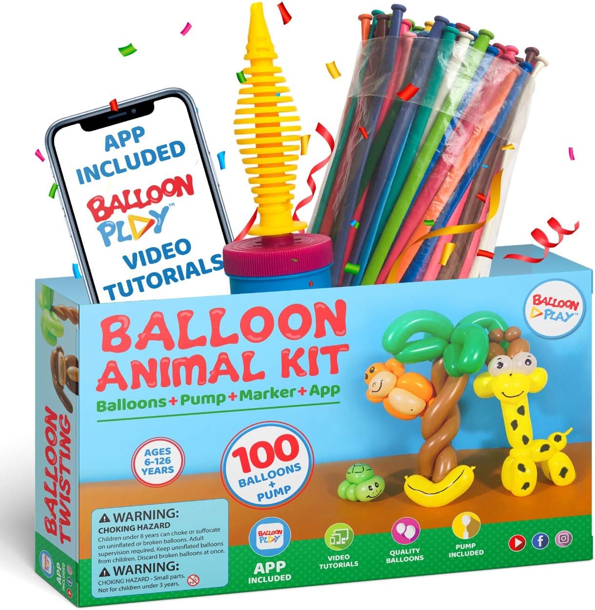 Balloon Animal Starter Kit with App | 100pcs long Balloons, handheld Pump and App with 24+ video tutorials fun gift for Boys, Girls & Adults for hours of creative activity.