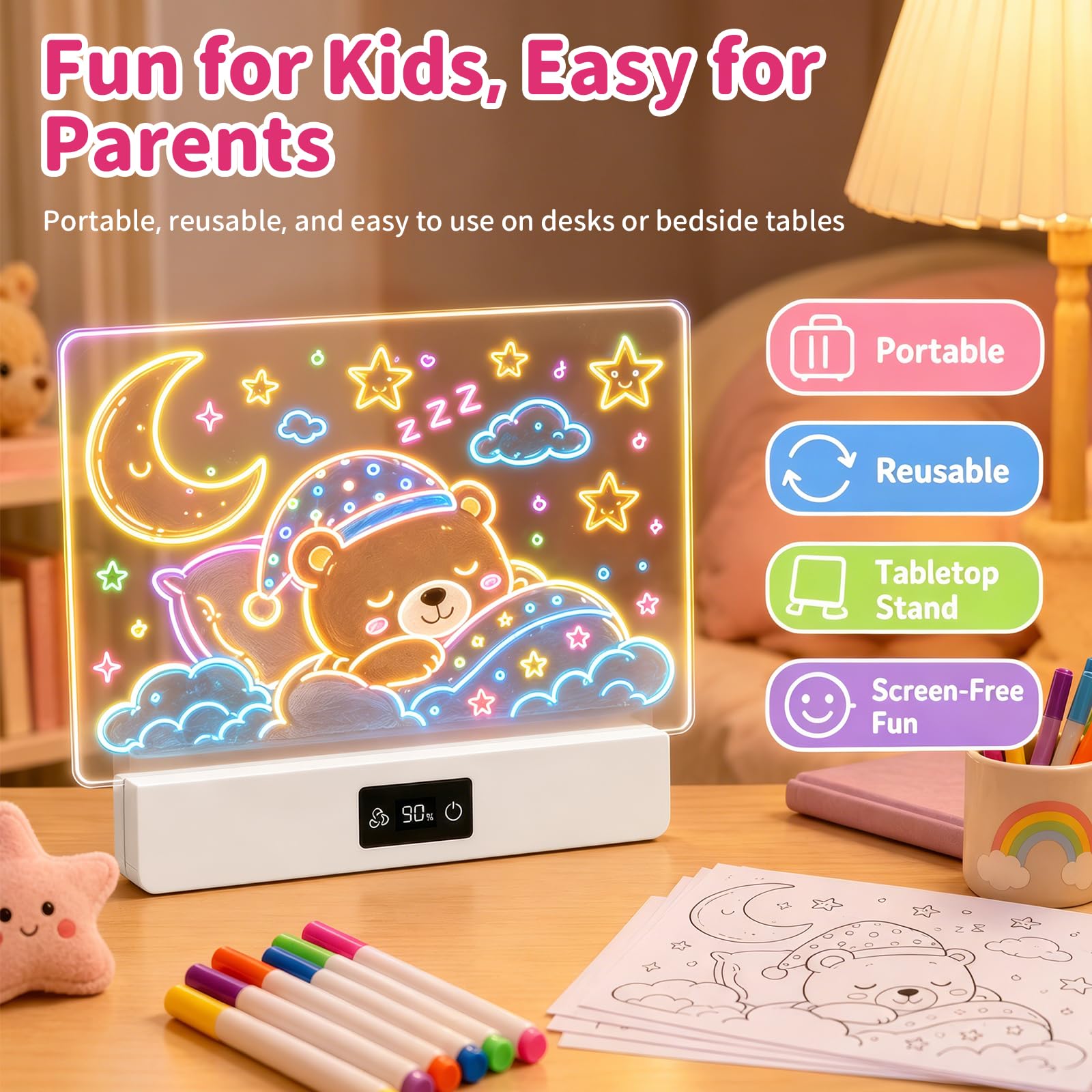 OUTON Lavagna Luminosa LED Bambini con 8 Colori e 3 Modalità di Luce, Tavoletta da Disegno Riutilizzabile con 7 Pennarelli e Modelli, Gioco Creativo per Bambina e Bambino, USB-C
